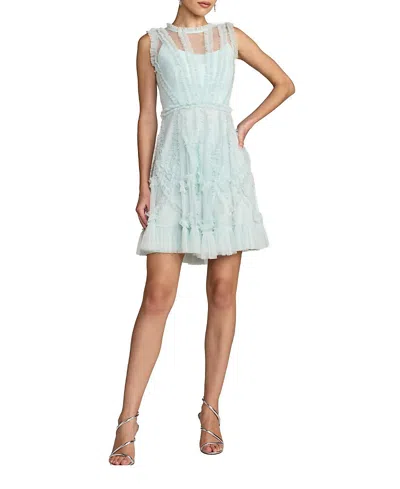 Mac Duggal High Neck Sleeveless Micro Ruffle Mini Dress In Blue