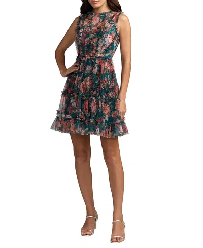 Mac Duggal Mesh Micro Ruffle High Neck Mini Dress In Blue