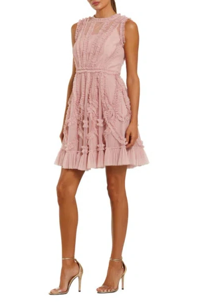 Mac Duggal Mesh Micro Ruffle High Neck Mini Dress In Rose