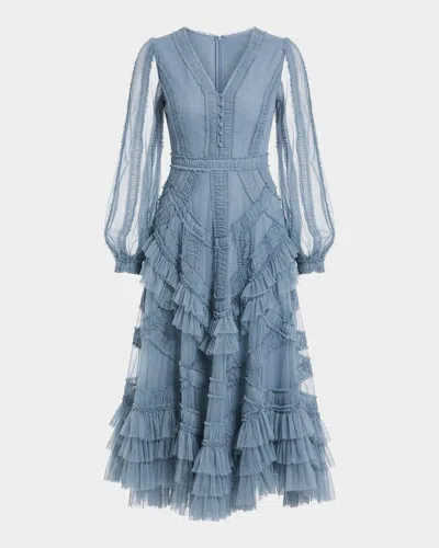 Mac Duggal Mesh Micro Ruffle Midi-dress In Blue