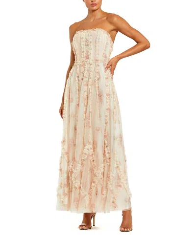Mac Duggal Mesh Micro Ruffle Strapless Gown In Ivory Multi