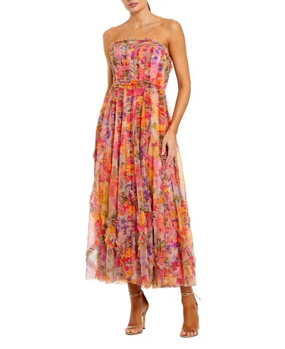 Mac Duggal Mesh Micro Ruffle Strapless Gown In Multi