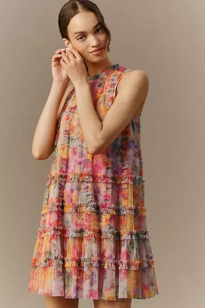 Mac Duggal Sleeveless High Neck Printed Mesh Mini Dress In Multi