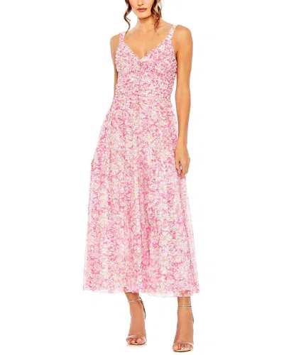 Mac Duggal Meshv-neck Floral Print Dress In Pink