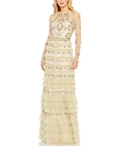 Mac Duggal Mesh Polka Dot Long Sleeve Floral Ruffle Tired Gown In Neutral