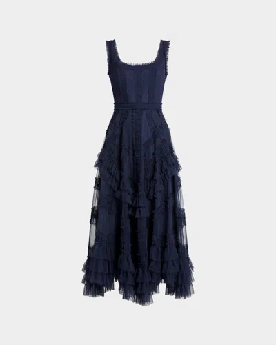 Mac Duggal Mesh Ruffled Scoopneck Midi-dress In Blue