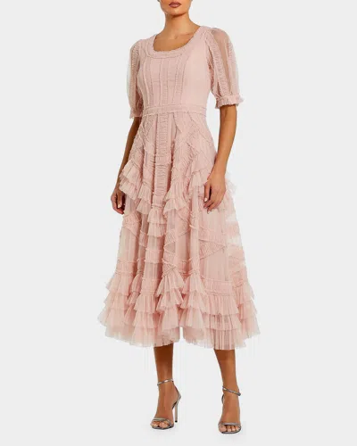 Mac Duggal Short Sleeve Mesh Mirco Ruffle Midi Dress In Porcelain