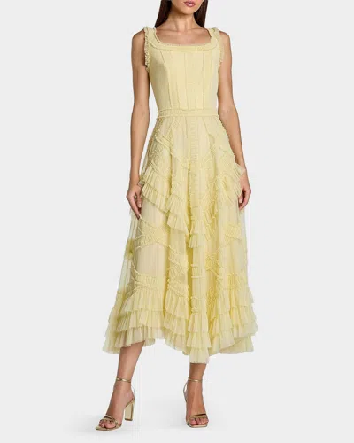 Mac Duggal Scoop Neck Sleeveless Mesh Micro Ruffle Midi Dress In Yellow