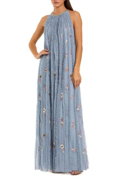 Mac Duggal Mesh Trapeze High Neck Dress With Embroidery In Blue