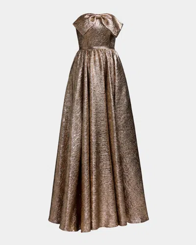 Mac Duggal Metallic Brocade Bow Strapless Gown In Gold