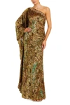 Mac Duggal Metallic Burnout Velvet One-shoulder Gown With Draped Sleeve In Green