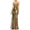 Mac Duggal Metallic Corset Back Column Gown In Antique Gold