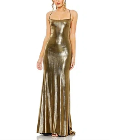 Mac Duggal Metallic Corset Back Column Dress In Antique Gold