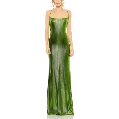 Mac Duggal Metallic Corset Back Column Gown In Apple Green