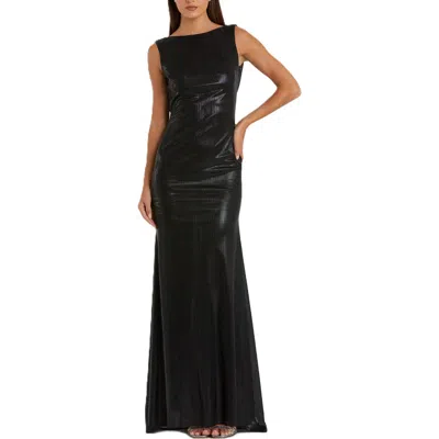 Mac Duggal Metallic Column Evening Gown With Elegant Cowl Back In Black