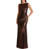 Mac Duggal Metallic Cowl Back Column Gown In Espresso