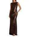 Mac Duggal Metallic Cowl Back Column Gown In Espresso