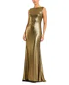 Mac Duggal Metallic High Neck Cowl Open Back Column Gown In Gold