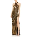 Mac Duggal Metallic Criss Cross Halter Neck Gown In Antique Gold