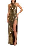 Mac Duggal Metallic Criss Cross Halter Neck Gown In Gold