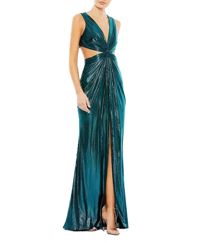 Mac Duggal Metallic Cut Out Gown In Teal