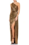 Mac Duggal Metallic Draped One Shoulder Grecian Dress In Green