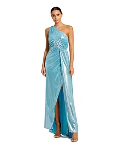 Mac Duggal Metallic Draped One Shoulder Grecian Dress In Ice Blue