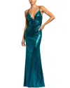 Mac Duggal Metallic Faux Wrap Spaghetti Strap Gown In Blue