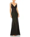 Mac Duggal Metallic Faux Wrap Spaghetti Strap Gown In Black