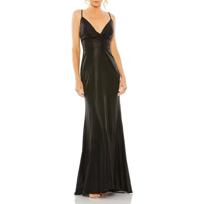 MAC DUGGAL MAC DUGGAL METALLIC FAUX WRAP SPAGHETTI STRAP GOWN