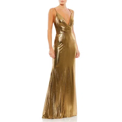 Mac Duggal Metallic Faux Wrap Spaghetti Strap Gown In Bronze