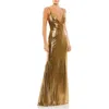 Mac Duggal Metallic Faux Wrap Spaghetti Strap Gown In Bronze In Gold