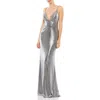 Mac Duggal Metallic Column Gown In Silver