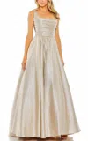 Mac Duggal Metallic Pleated Bodice Ballgown In Gold