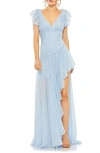 Mac Duggal Metallic Fleck Ruched Ruffle Gown In Ice Blue