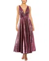 Mac Duggal Sleeveless V Neck Pleated Top Metallic Dress In Burgundy