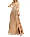 Mac Duggal Metallic Sleeveless A-line Gown In Gold