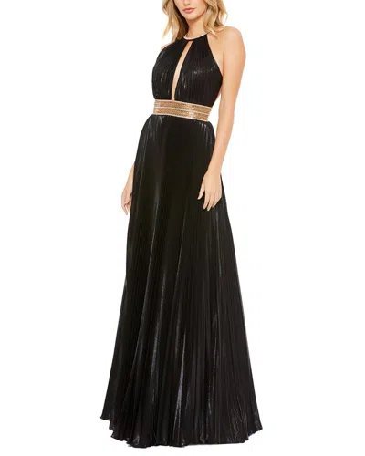 Mac Duggal Metallic Halter Key Hole Pleated Gown In Black