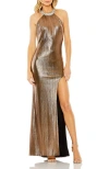 Mac Duggal High-neck Crystal Detail Metallic Slit Gown In Yellow