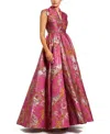 Mac Duggal Metallic Jacquard Ball Gown With Notched Collar And Cap Sleeves In Multi
