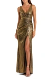 Mac Duggal Metallic Jersey Dress With Ruched Bodice And V-neck In Gold