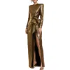 Mac Duggal Metallic Jersey Long Sleeve Bow Detail Thigh High Slit Gown In Antique Gold