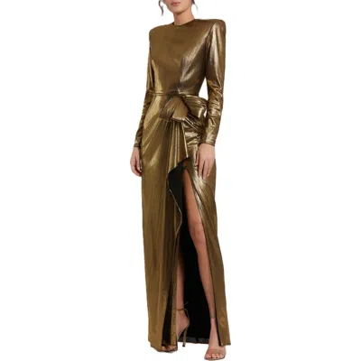 Mac Duggal Metallic Jersey Long Sleeve Gown With Bow In Green