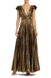 Mac Duggal Ruffle Sleeve Cutout Pleated Metallic Gown In Antique Gold
