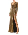 Mac Duggal Metallic Long Sleeve Asymmetrical Ruched Gown In Gold