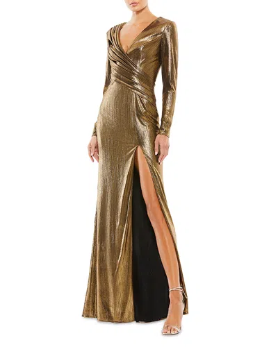 Mac Duggal Metallic Long Sleeve Asymmetrical Ruched Gown In Gold
