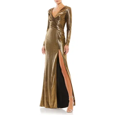 Mac Duggal Metallic Long Sleeve Asymmetrical Ruched Gown In Green
