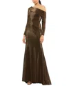 Mac Duggal Metallic One Shoulder Long Sleeve Trumpet Gown In Brown