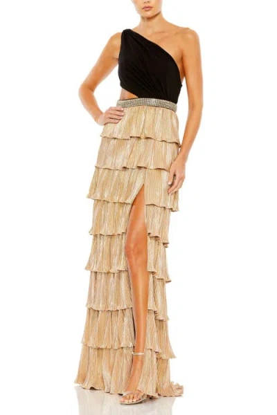 Mac Duggal Metallic One Shoulder Ruffle Tiered Gown In Black Gold