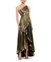 Mac Duggal Metallic Pleated Ruffle Hem One Shoulder High Low Gown In Gold
